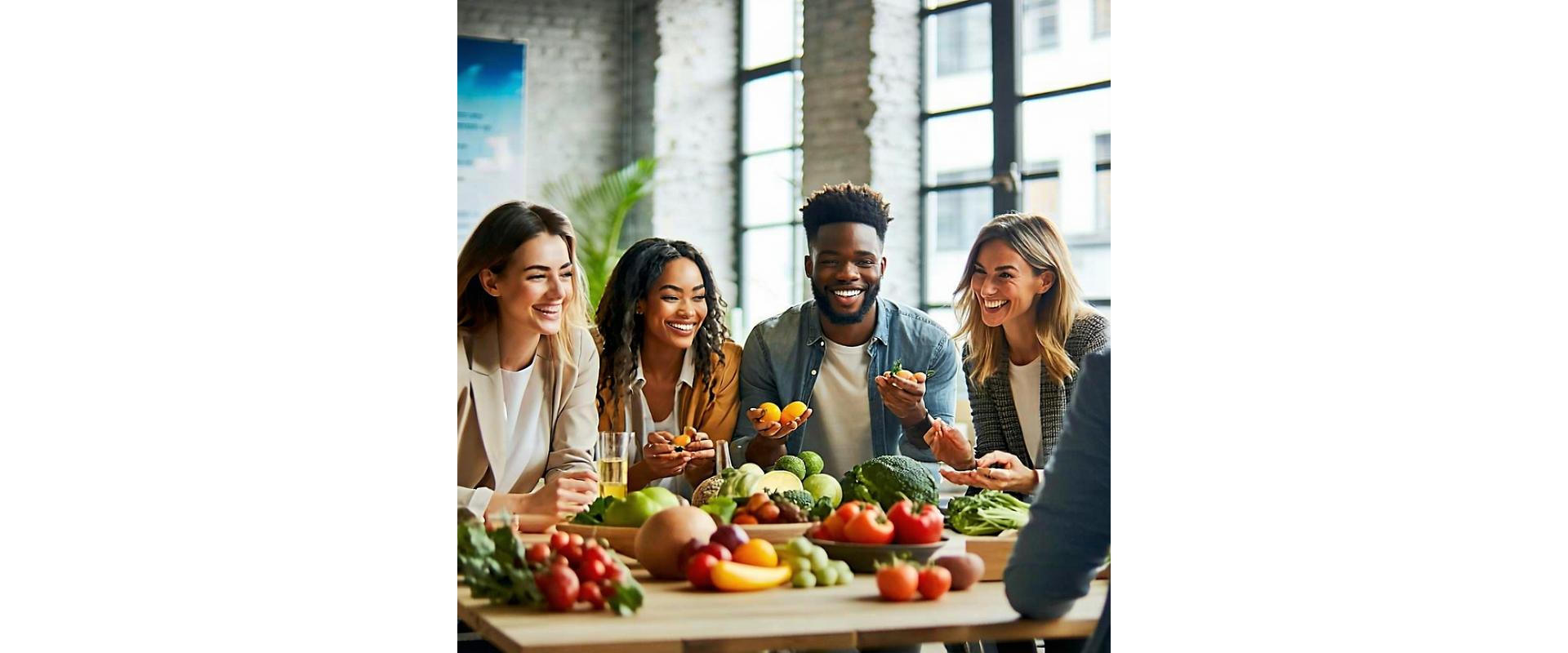 Smiling diverse group at a nutrition workshop in a luminous office setting